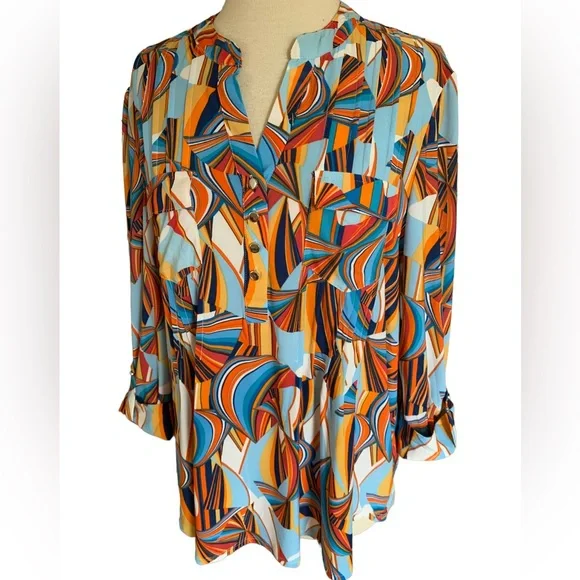 COCOMO XL 3/4 sleeve blue orange multicolored women’s pintuck Blouse top… - Picture 7 of 14